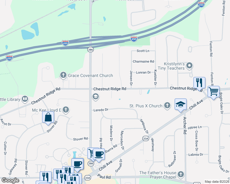 map of restaurants, bars, coffee shops, grocery stores, and more near 151 Chestnut Ridge Road in Rochester