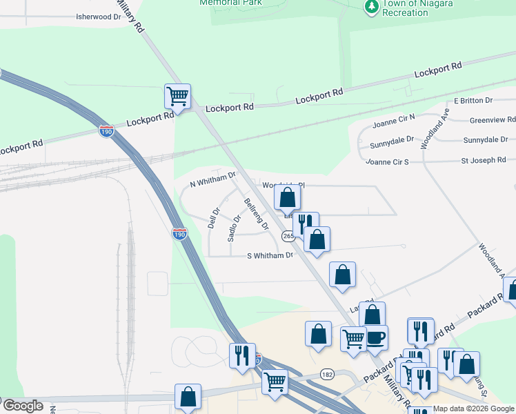 map of restaurants, bars, coffee shops, grocery stores, and more near 3225 Military Road in Niagara Falls