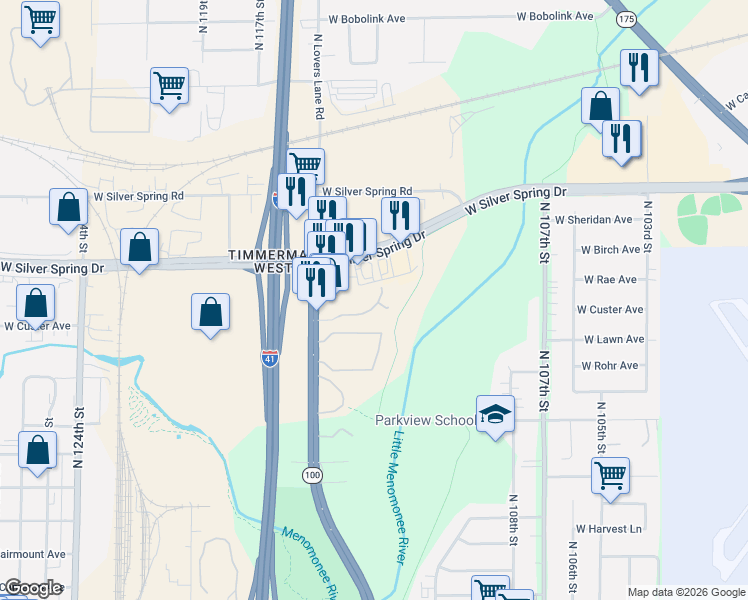 map of restaurants, bars, coffee shops, grocery stores, and more near 5356 North Lovers Lane Road in Milwaukee