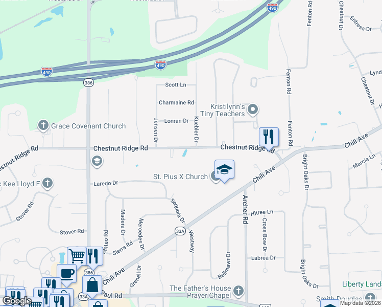map of restaurants, bars, coffee shops, grocery stores, and more near 95 Chestnut Ridge Road in Rochester
