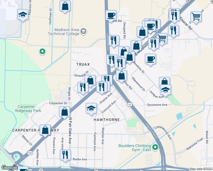 map of restaurants, bars, coffee shops, grocery stores, and more near 3579 North Stoughton Service Road in Madison