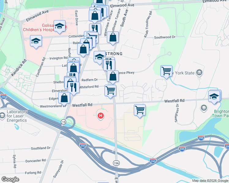 map of restaurants, bars, coffee shops, grocery stores, and more near 312 East Henrietta Road in Rochester