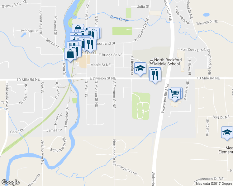 map of restaurants, bars, coffee shops, grocery stores, and more near 154 South Fremont Street Northeast in Rockford