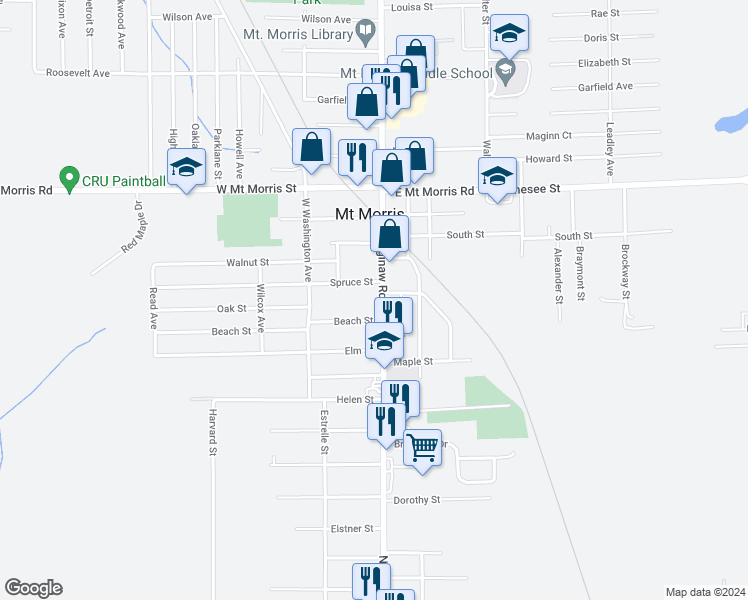 map of restaurants, bars, coffee shops, grocery stores, and more near 11425 Saginaw Street in Mount Morris