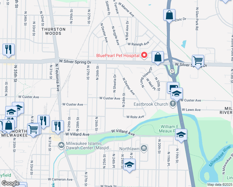map of restaurants, bars, coffee shops, grocery stores, and more near 5422 North Shasta Drive in Glendale