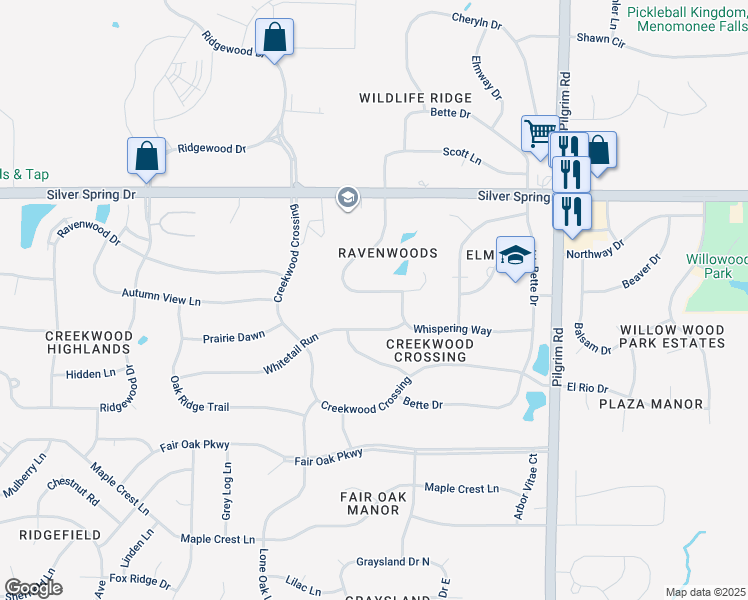 map of restaurants, bars, coffee shops, grocery stores, and more near N54W16159 Westwind Drive in Menomonee Falls