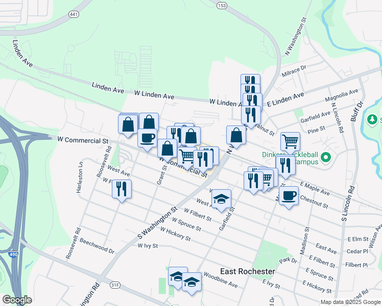map of restaurants, bars, coffee shops, grocery stores, and more near 349 West Commercial Street in East Rochester