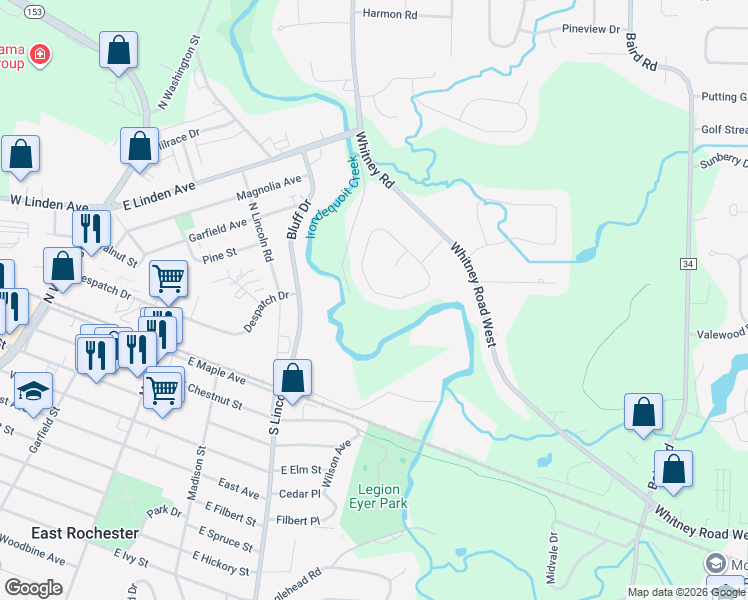 map of restaurants, bars, coffee shops, grocery stores, and more near 36 Oak Hill Terrace in Penfield