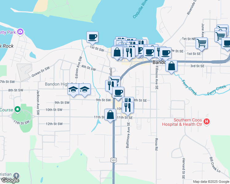 map of restaurants, bars, coffee shops, grocery stores, and more near 980 Oregon Avenue Southeast in Bandon