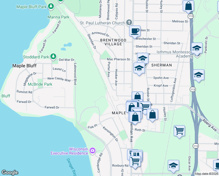 map of restaurants, bars, coffee shops, grocery stores, and more near 1426 Sheridan Drive in Madison