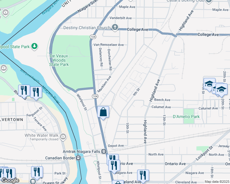 map of restaurants, bars, coffee shops, grocery stores, and more near 781 Monteagle Street in Niagara Falls