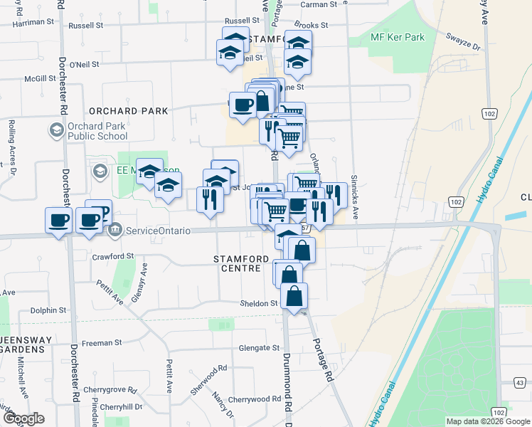 map of restaurants, bars, coffee shops, grocery stores, and more near in Niagara Falls