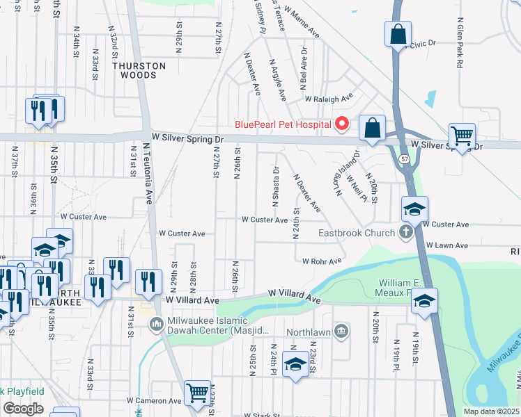 map of restaurants, bars, coffee shops, grocery stores, and more near 5422 North Bethmaur Lane in Glendale