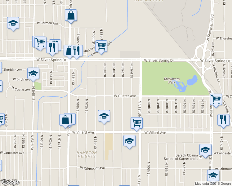 map of restaurants, bars, coffee shops, grocery stores, and more near 5410 N 54th St in Milwaukee