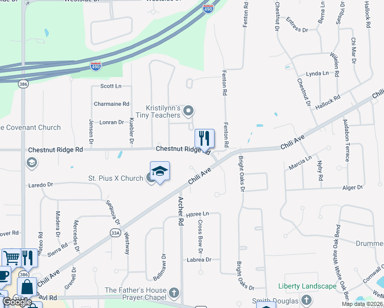 map of restaurants, bars, coffee shops, grocery stores, and more near 35 Chestnut Ridge Road in Rochester