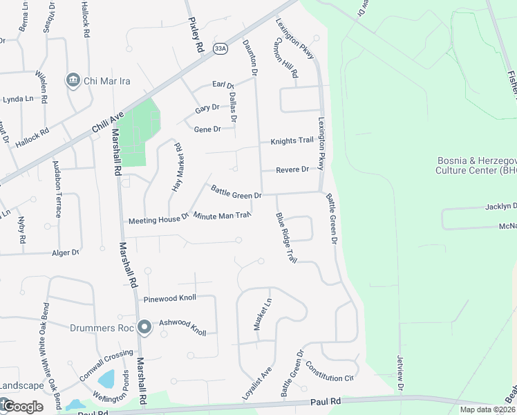 map of restaurants, bars, coffee shops, grocery stores, and more near 27 Minute Man Trail in Rochester