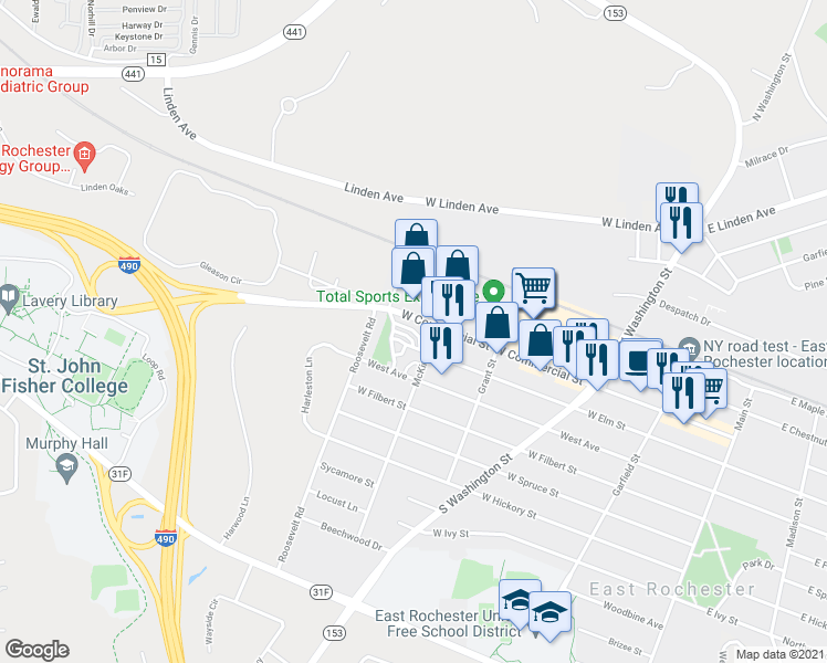 map of restaurants, bars, coffee shops, grocery stores, and more near 9 Woodneath Crescent in East Rochester