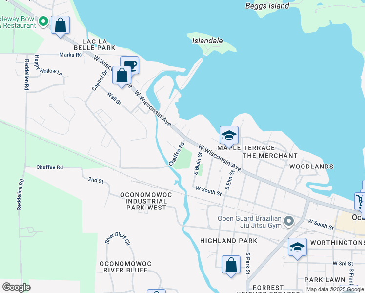 map of restaurants, bars, coffee shops, grocery stores, and more near 27 Chaffee Road in Oconomowoc