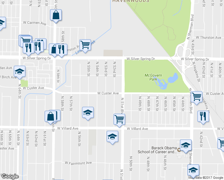 map of restaurants, bars, coffee shops, grocery stores, and more near 5411 North 52nd Street in Milwaukee