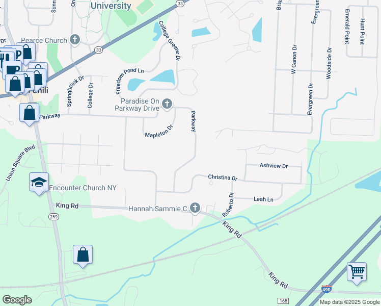 map of restaurants, bars, coffee shops, grocery stores, and more near 134 Parkway Drive in North Chili