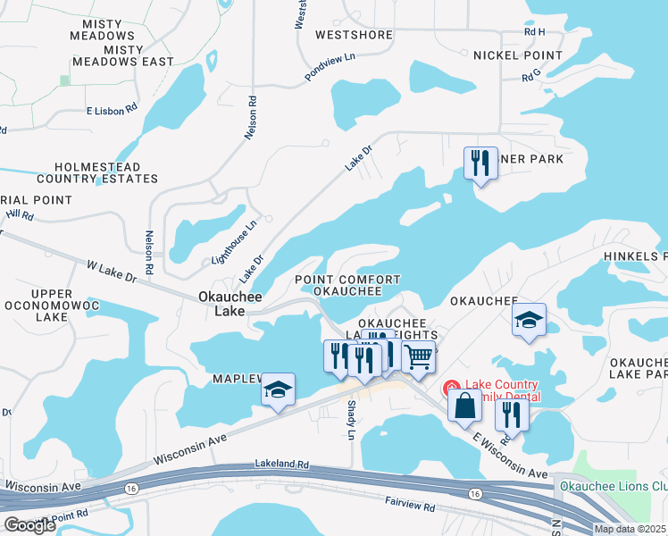 map of restaurants, bars, coffee shops, grocery stores, and more near W350N5345 Road B in Okauchee Lake