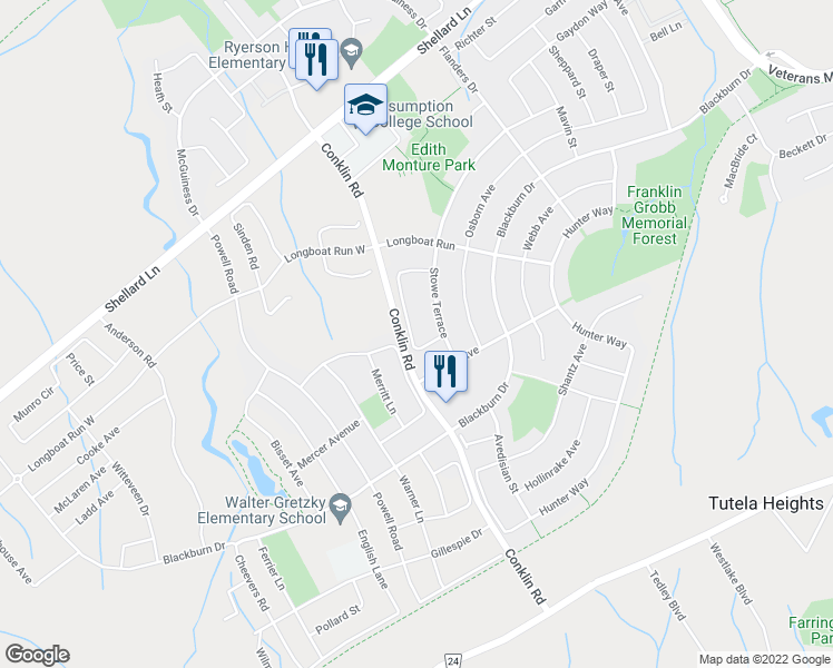 map of restaurants, bars, coffee shops, grocery stores, and more near 24 Lovell Crescent in Brantford