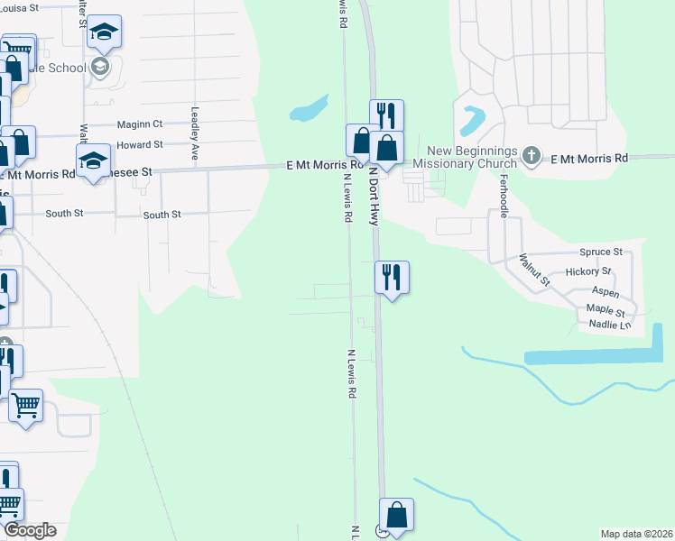 map of restaurants, bars, coffee shops, grocery stores, and more near 7395 North Lewis Road in Mount Morris