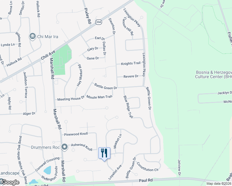 map of restaurants, bars, coffee shops, grocery stores, and more near 27 Minute Man Trail in Rochester