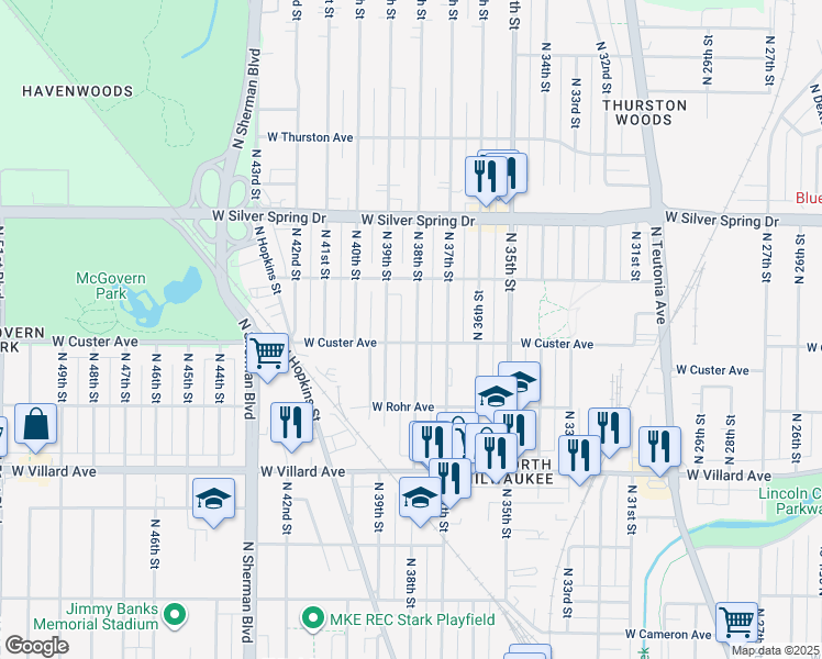 map of restaurants, bars, coffee shops, grocery stores, and more near 5413 North 38th Street in Milwaukee