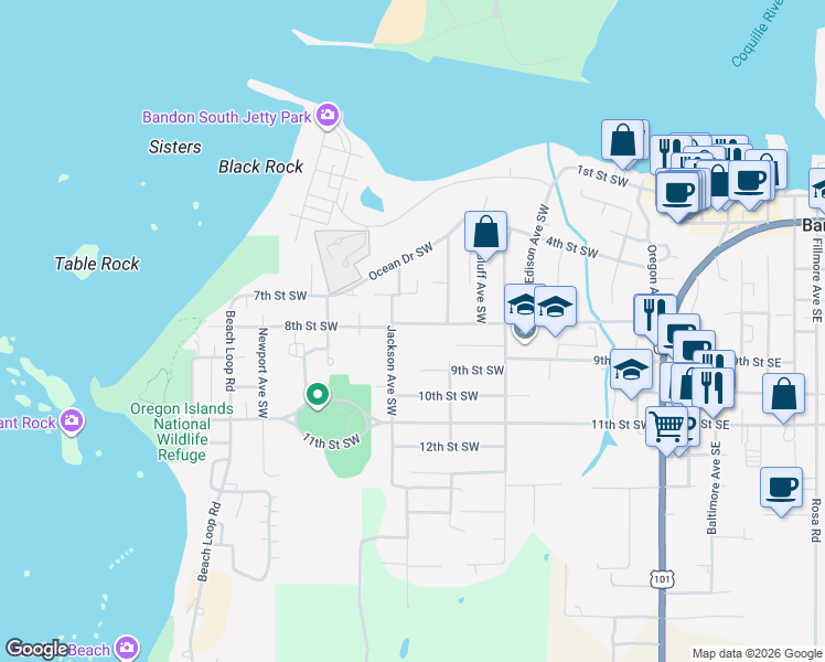 map of restaurants, bars, coffee shops, grocery stores, and more near 877 8th Street Southwest in Bandon