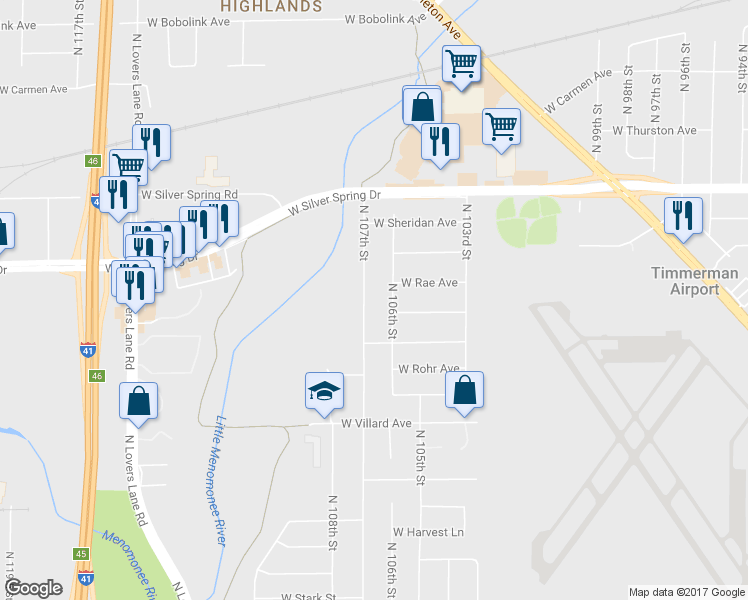 map of restaurants, bars, coffee shops, grocery stores, and more near 5404 North 107th Street in Milwaukee