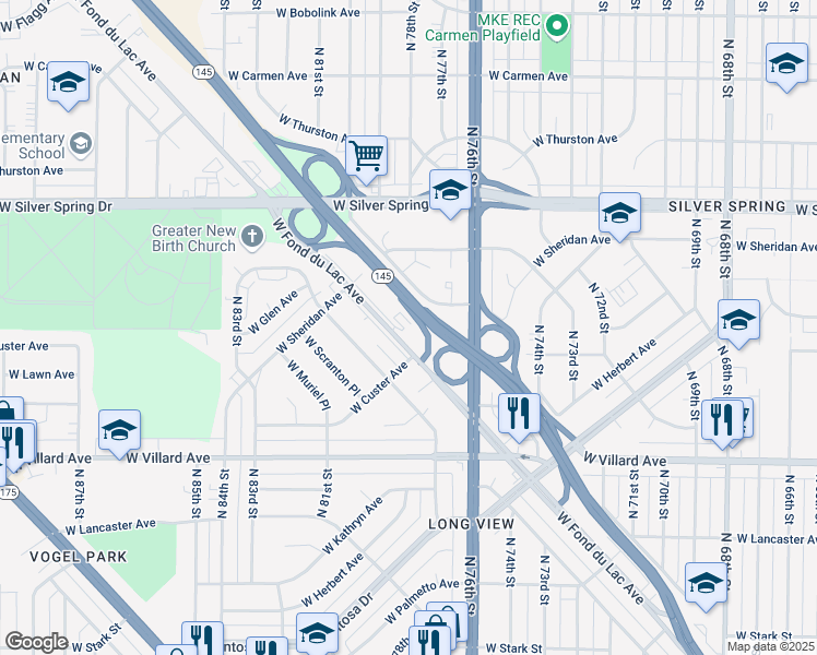 map of restaurants, bars, coffee shops, grocery stores, and more near 7800 West Fond Du Lac Avenue in Milwaukee