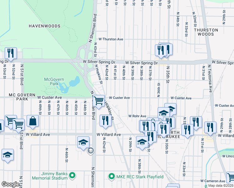 map of restaurants, bars, coffee shops, grocery stores, and more near 5414 North 41st Street in Milwaukee