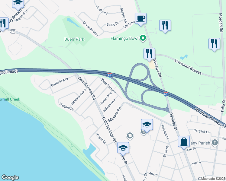 map of restaurants, bars, coffee shops, grocery stores, and more near Tyler Terrace & Parker Avenue in Liverpool