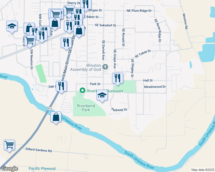 map of restaurants, bars, coffee shops, grocery stores, and more near 377 Park Street in Winston