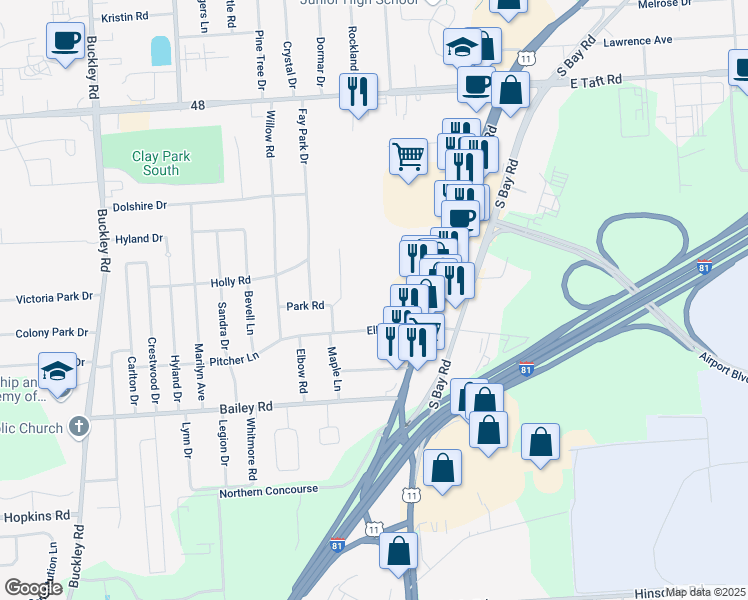 map of restaurants, bars, coffee shops, grocery stores, and more near 114 Elbow Road in Syracuse