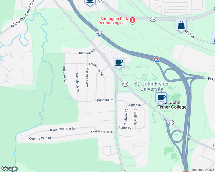 map of restaurants, bars, coffee shops, grocery stores, and more near 220 Overbrook Road in Rochester
