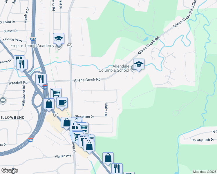 map of restaurants, bars, coffee shops, grocery stores, and more near 2 Whitestone Lane in Rochester