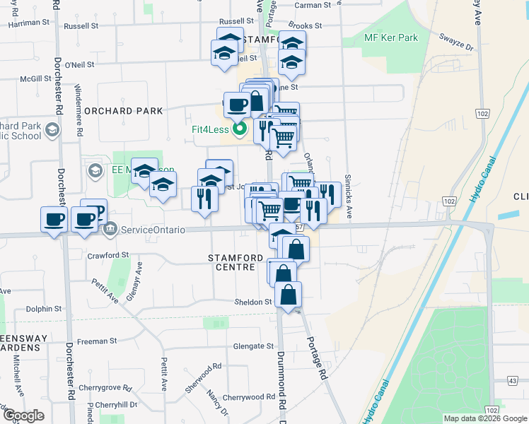 map of restaurants, bars, coffee shops, grocery stores, and more near in Niagara Falls