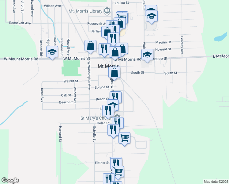 map of restaurants, bars, coffee shops, grocery stores, and more near 11448 Saginaw Street in Mount Morris