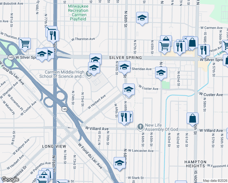 map of restaurants, bars, coffee shops, grocery stores, and more near 6921R West Herbert Avenue in Milwaukee