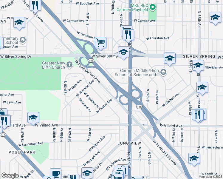 map of restaurants, bars, coffee shops, grocery stores, and more near 7800 West Fond Du Lac Avenue in Milwaukee