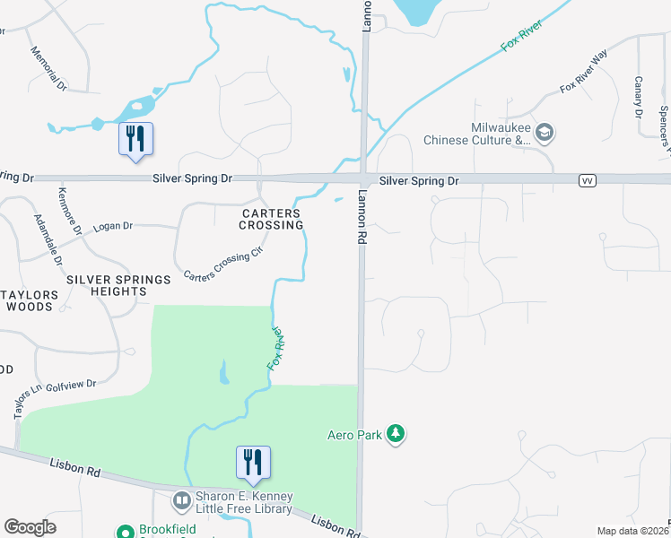 map of restaurants, bars, coffee shops, grocery stores, and more near W204N5419 Lannon Road in Menomonee Falls