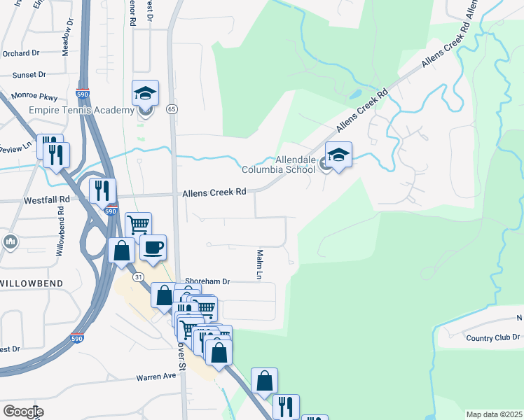 map of restaurants, bars, coffee shops, grocery stores, and more near 2 Whitestone Lane in Rochester