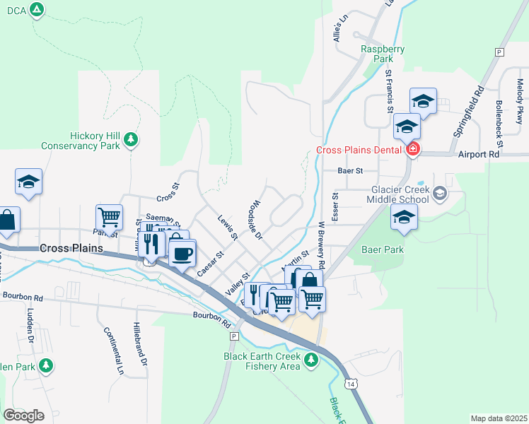 map of restaurants, bars, coffee shops, grocery stores, and more near in Cross Plains