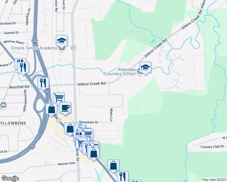 map of restaurants, bars, coffee shops, grocery stores, and more near 2 Whitestone Lane in Rochester