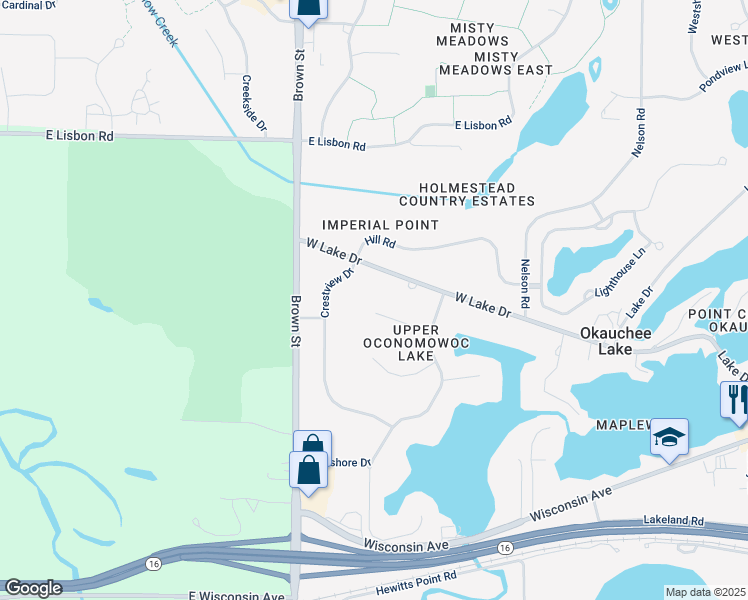 map of restaurants, bars, coffee shops, grocery stores, and more near N53W35836 Hillview Court in Oconomowoc