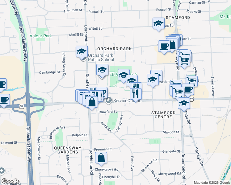 map of restaurants, bars, coffee shops, grocery stores, and more near 6767 Regional Road 57 in Niagara Falls