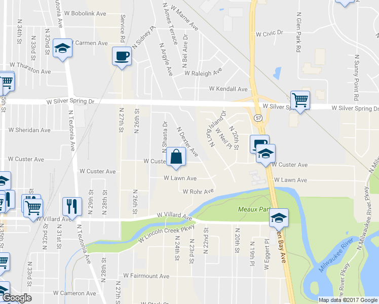 map of restaurants, bars, coffee shops, grocery stores, and more near 5439 North Dexter Avenue in Glendale