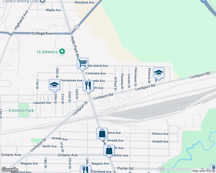 map of restaurants, bars, coffee shops, grocery stores, and more near 3024 Birch Avenue in Niagara Falls
